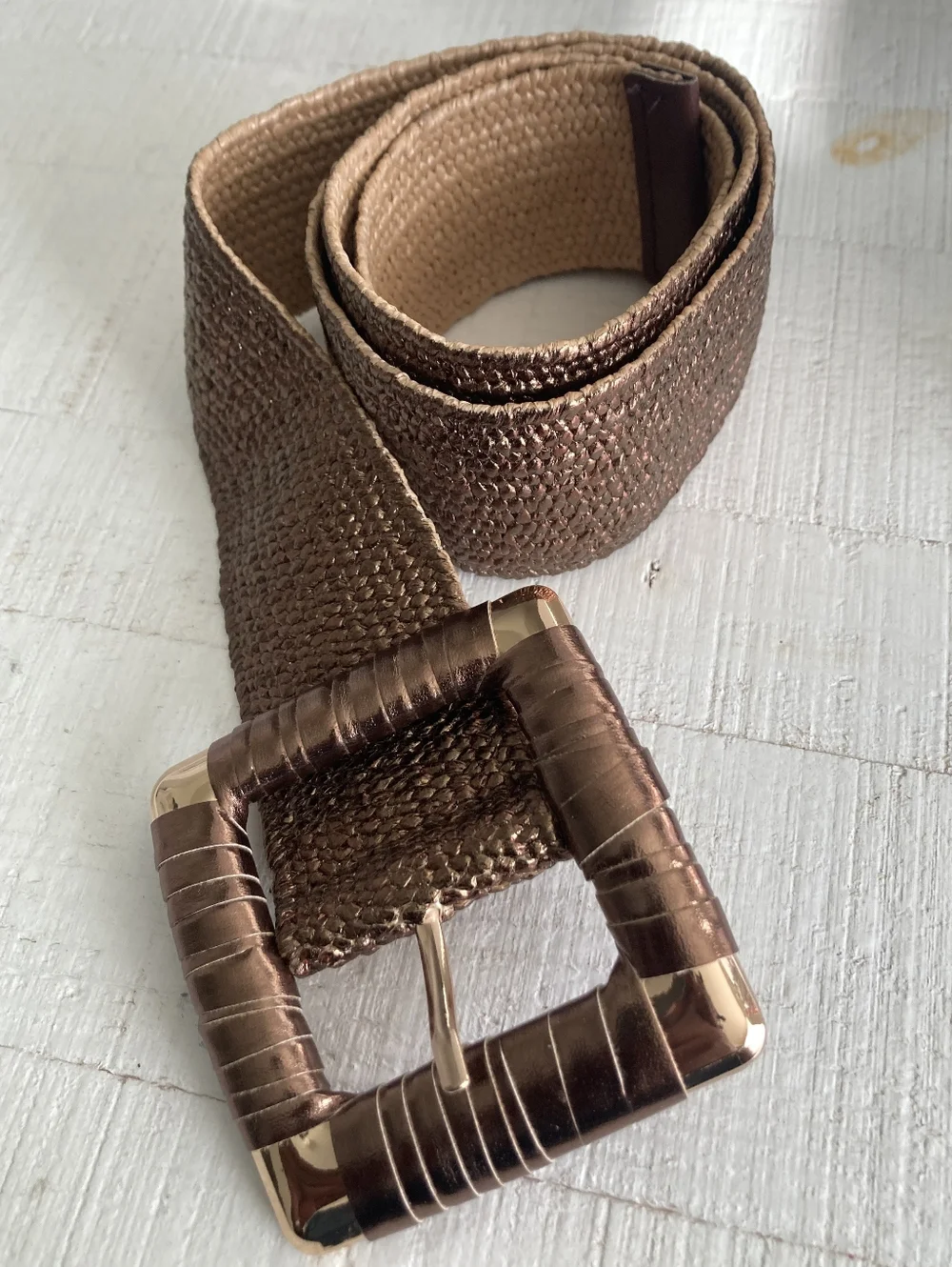 Corset Wide Woven Waist Belt Metallic Bronze Stretch Chunky Square Buckle S/M/L